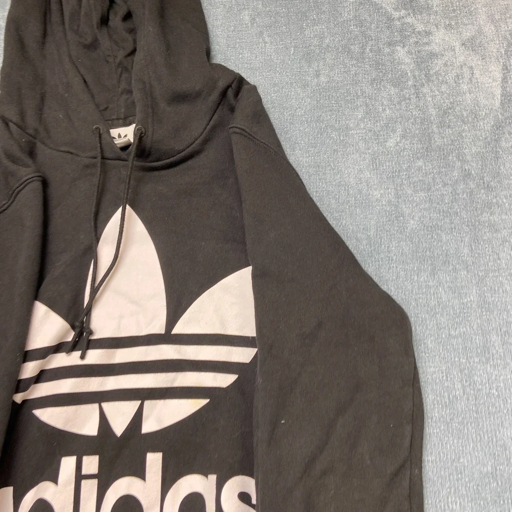 Adidas Trefoil Hoodie Mens M Black Graphic Logo Drawstring Ribbed Hem Pullover